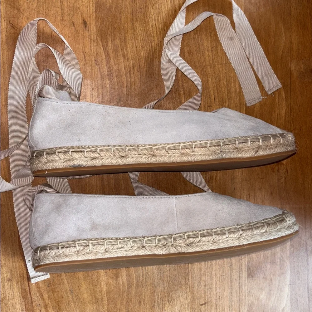 J. Jill Elegant Cream Suede Leather Flat Espadrilles, Ankle Tie Ribbon, NWOT